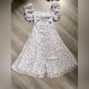 Quanta du Soliel de Paris Amour Puff Sleeve Cutout Floral Prairie Midi Dress S